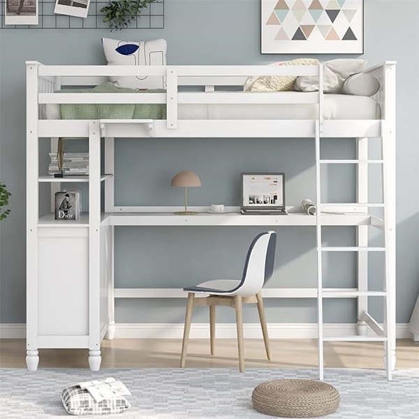 Twin Loft Bed with Desk and Storage Drawers Wood High Loft Beds Frame Kids